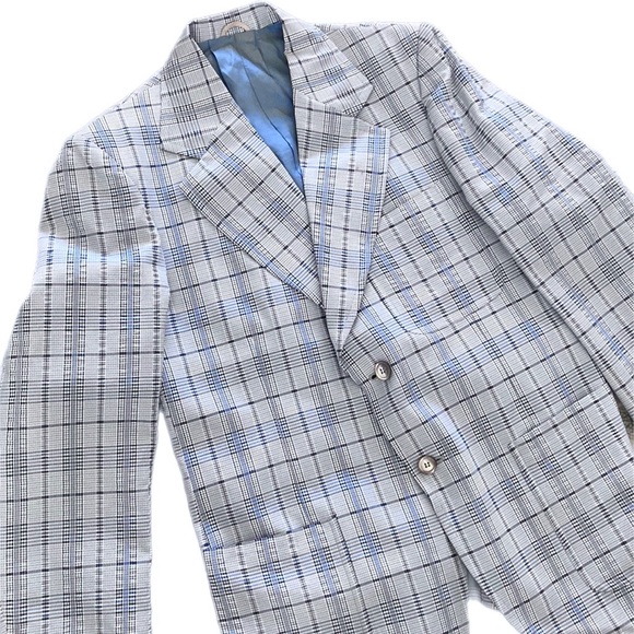 VINTAGE 70s blue plaid Sports Coat Blazer Suit jacket - Picture 2 of 15